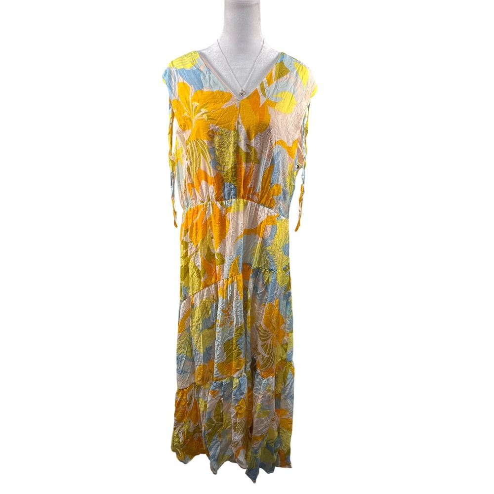 1.STATE‎ Tropical Floral Tiered Maxi Dress XL Yellow Orange Blue V-Back Boho